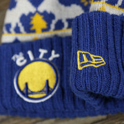 Retro Golden State Warriors Mooser Ugly Sweater Cuffed Winter Beanie | Royal Blue And Yellow Winter Beanie