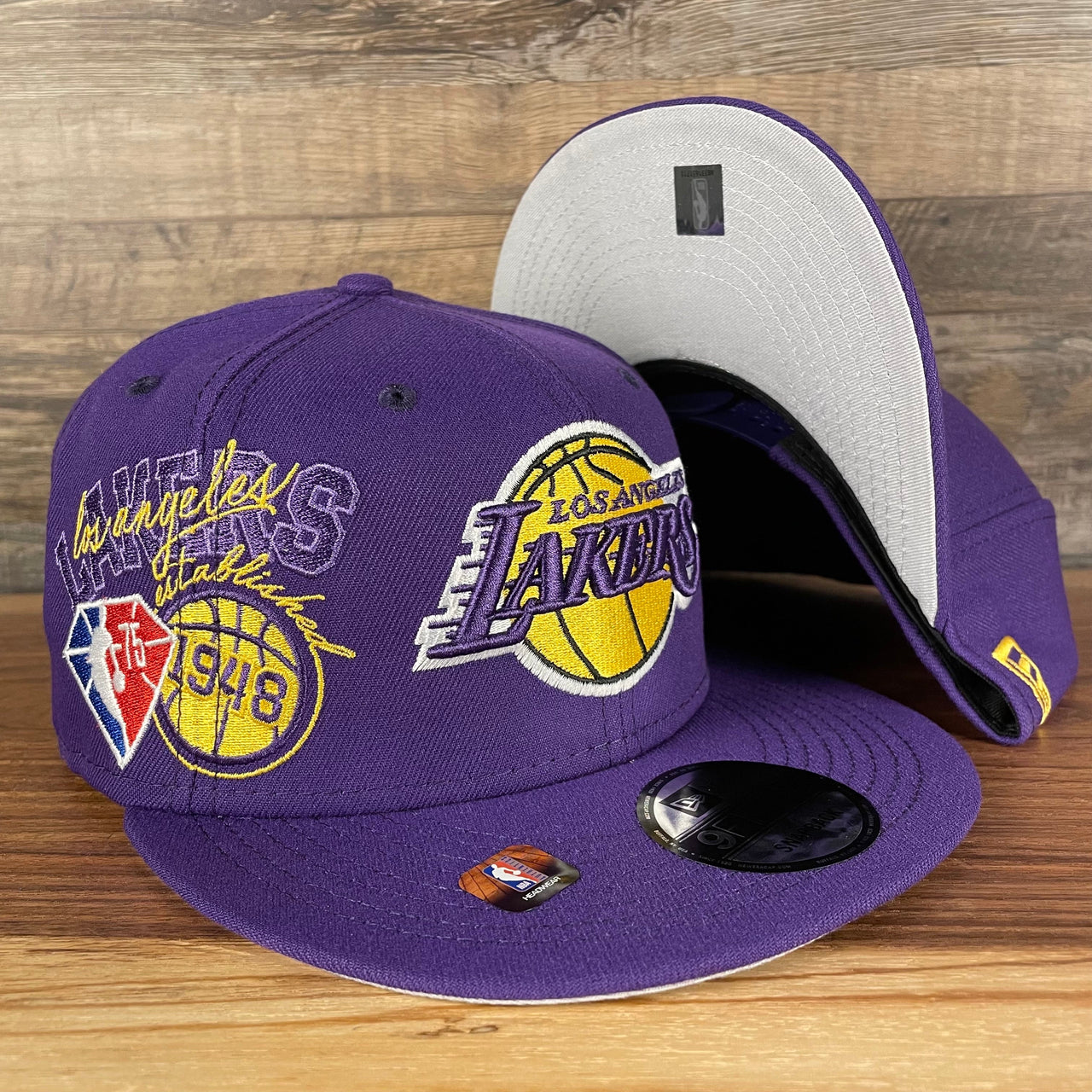 Los Angeles Lakers NBA 75th Anniversary Side Patch Gray Bottom Purple 9Fifty Snapback Hat | Back Half