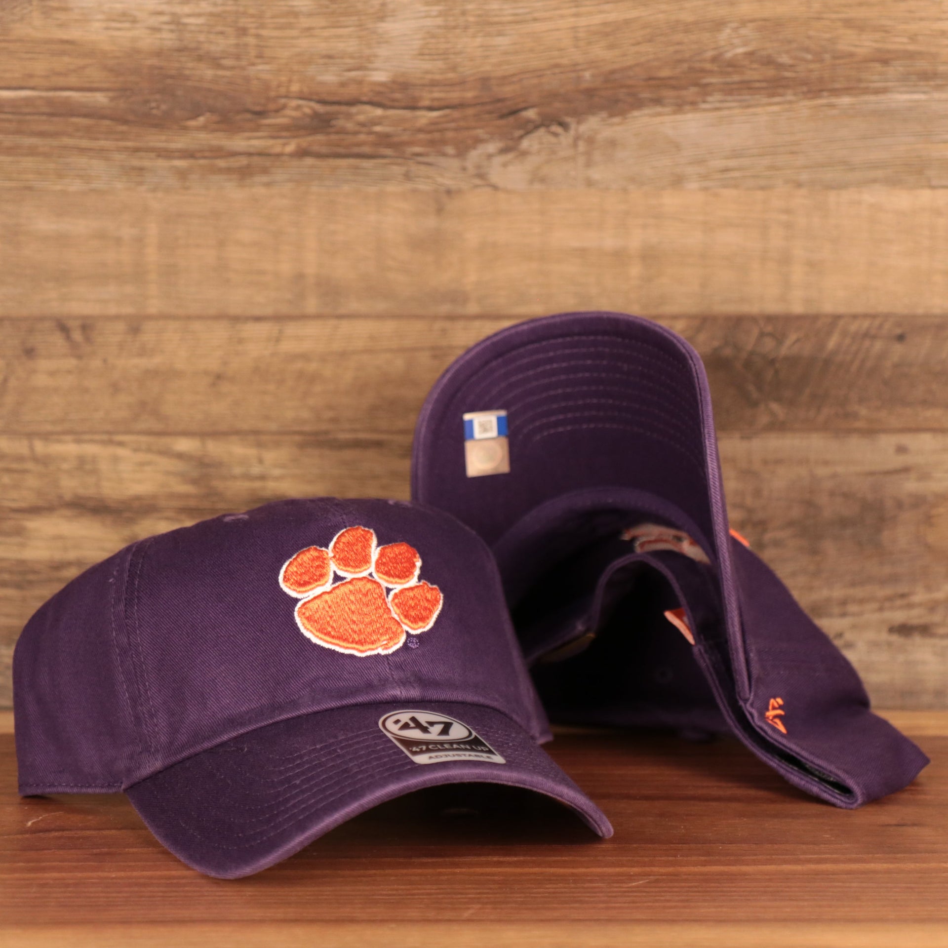 front and bottom of the Clemson Tigers Purple Adjustable Dad Hat