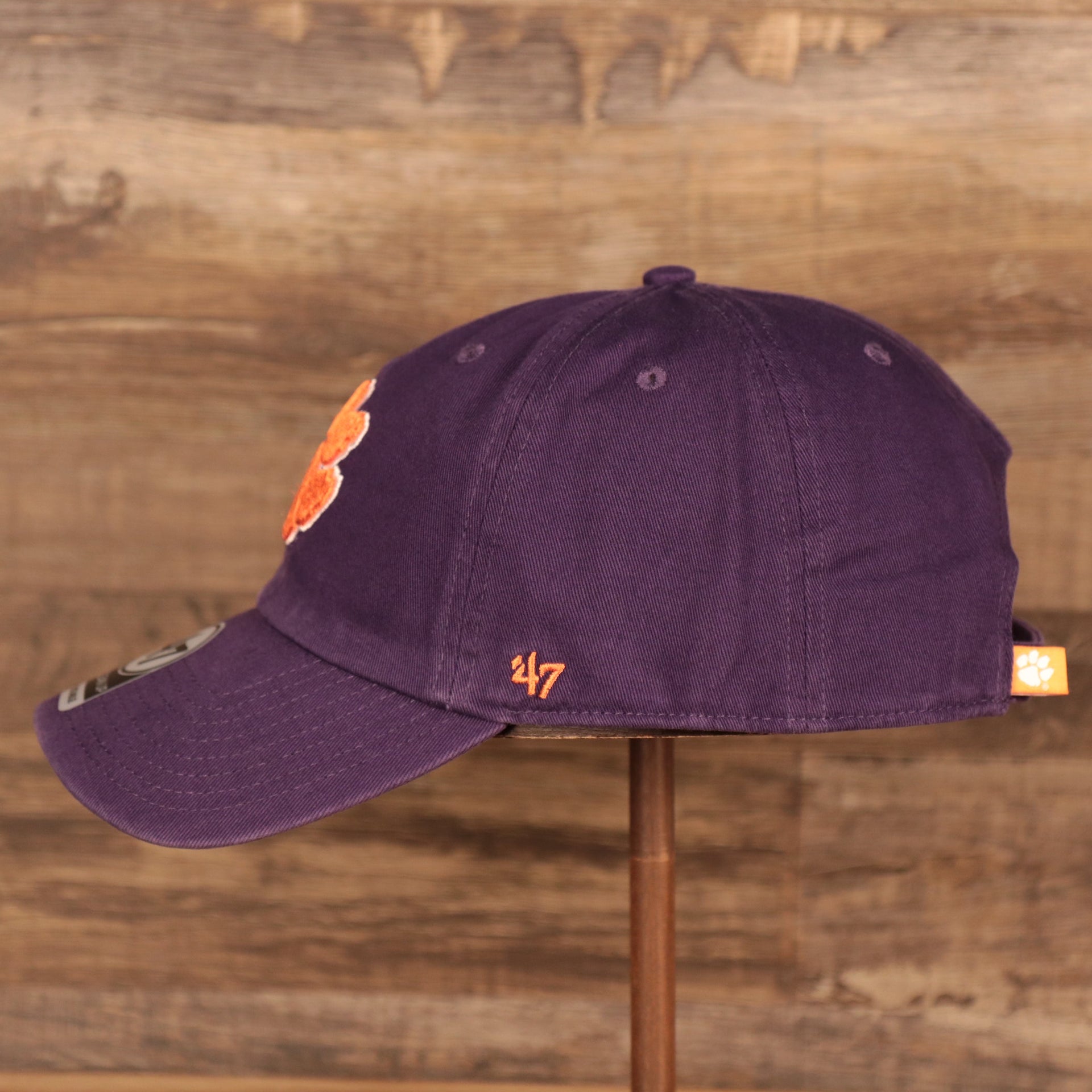 wearers left side on the Clemson Tigers Purple Adjustable Dad Hat
