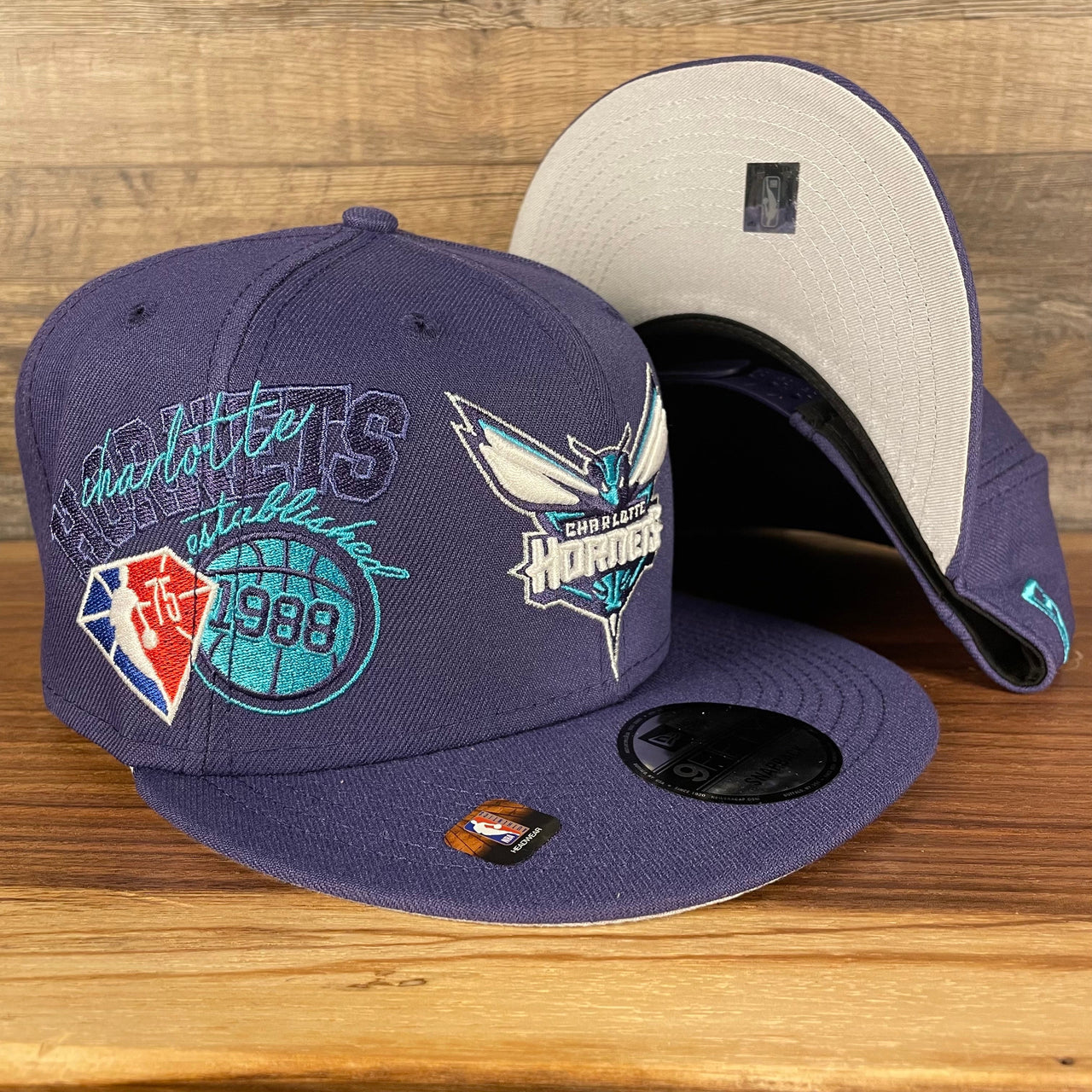 Charlotte Hornets NBA 75th Anniversary Side Patch Gray Bottom Purple 9Fifty Snapback Hat | Back Half
