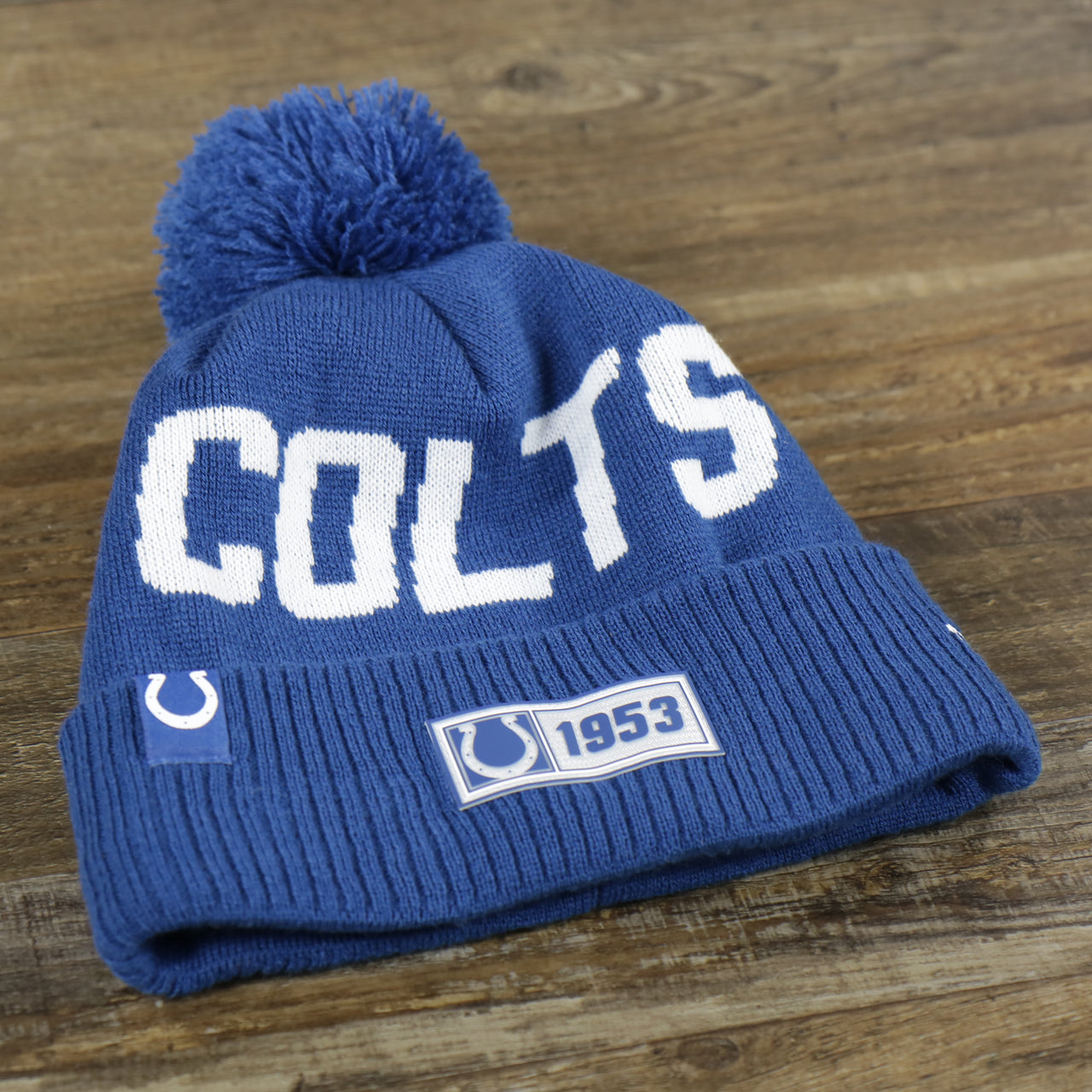 Indianapolis Colts On Field Rubber Colts 1953 Patch Cuffed Pom Pom Winter Beanie | Royal Blue Winter Beanie