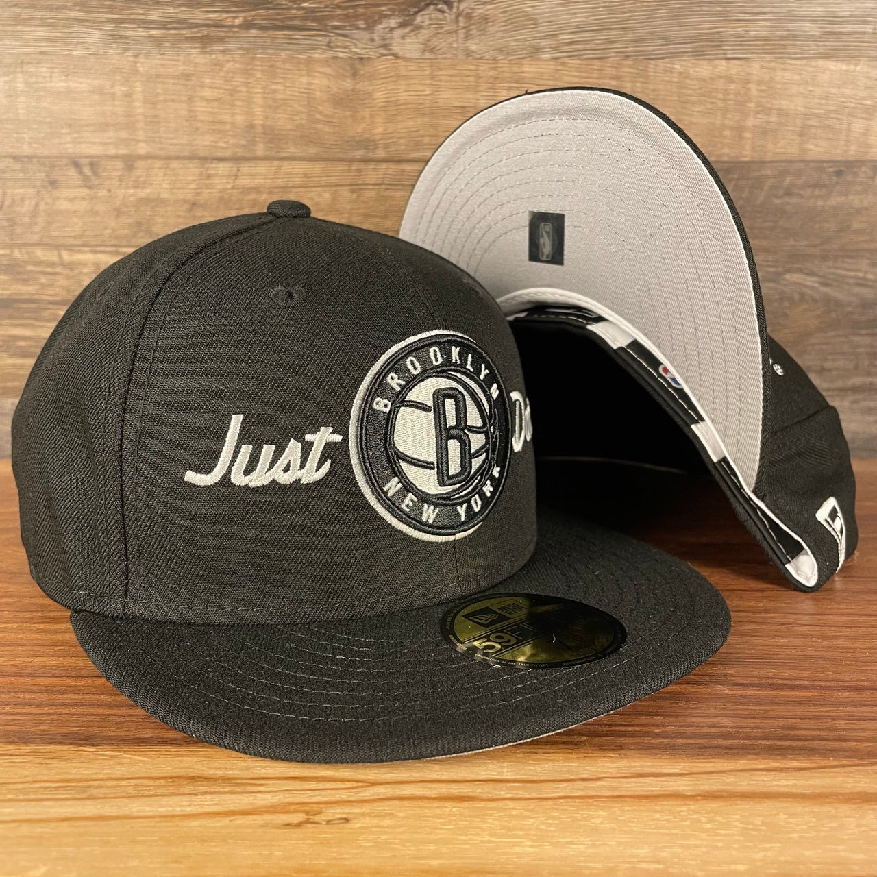 front and bottom of the Just Don X NBA Brooklyn Nets All Star Weekend Black 59Fifty Fitted Cap