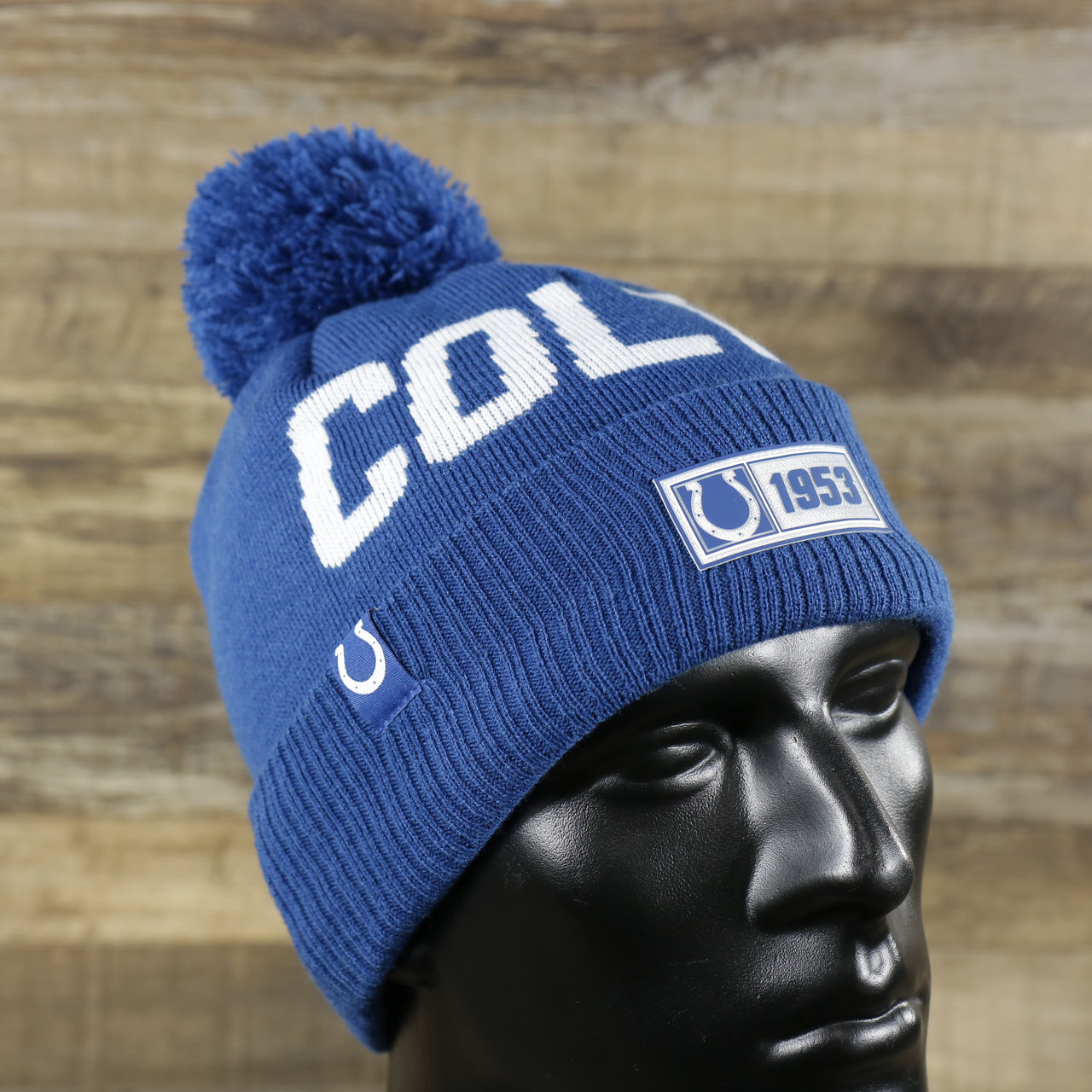Indianapolis Colts On Field Rubber Colts 1953 Patch Cuffed Pom Pom Winter Beanie | Royal Blue Winter Beanie