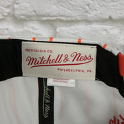 mitchell and ness label on the University of Florida Gators Vintage Pinstripe Baseball Hat | Retro Mitchell and Ness White Pinstripe Snapback Hat