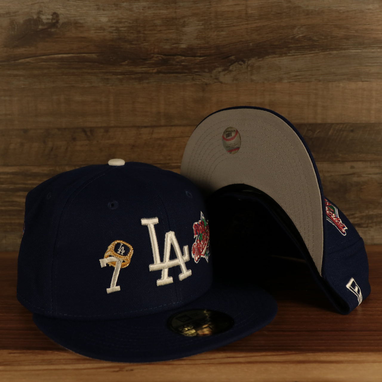 front and bottom view Los Angeles Dodgers Cooperstown "Championship Rings" All Over Side Patch Gray Bottom 59FIFTY Fitted Cap