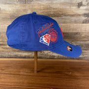 Wearer's right of the Philadelphia 76ers NBA 75th Anniversary Side Patch Royal 9Twenty Dad Hat | Back Half