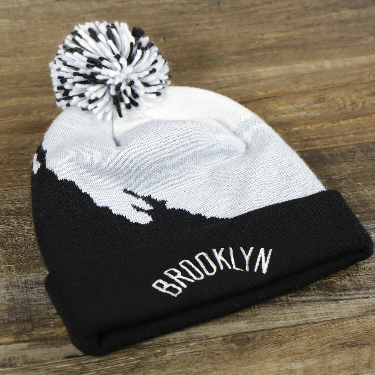 Brooklyn Nets Paint Brush Cuffed Winter Beanie With Pom Pom | Black, Gray, And White Winter Beanie