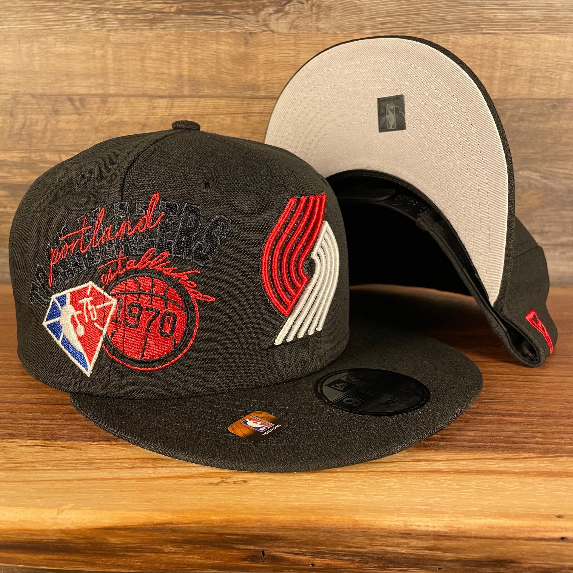 Portland Trail Blazers NBA 75th Anniversary Side Patch Gray Bottom Black 9Fifty Snapback Hat | Back Half