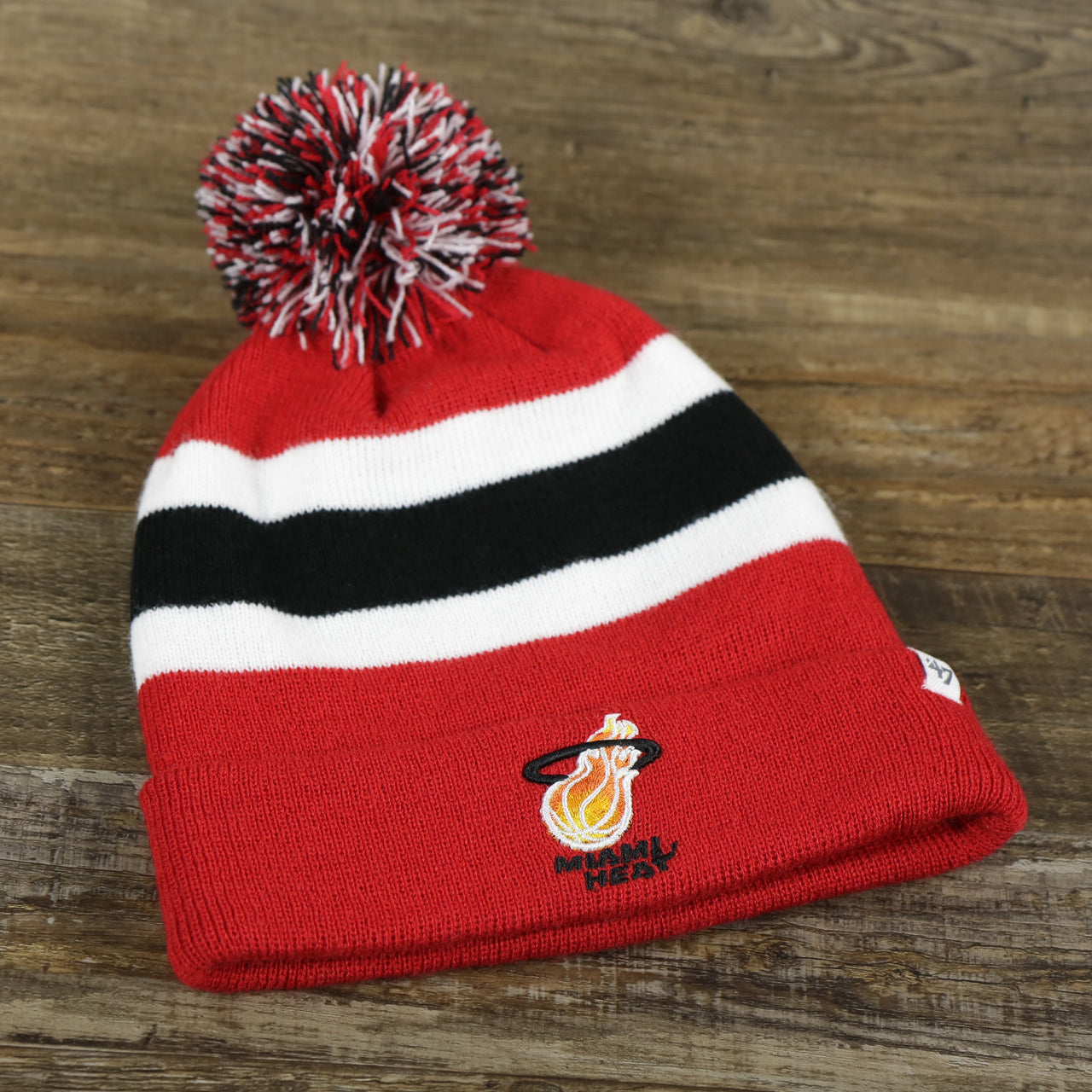 Retro Miami Heat Striped Winter Beanie With Pom Pom | Red Winter Beanie