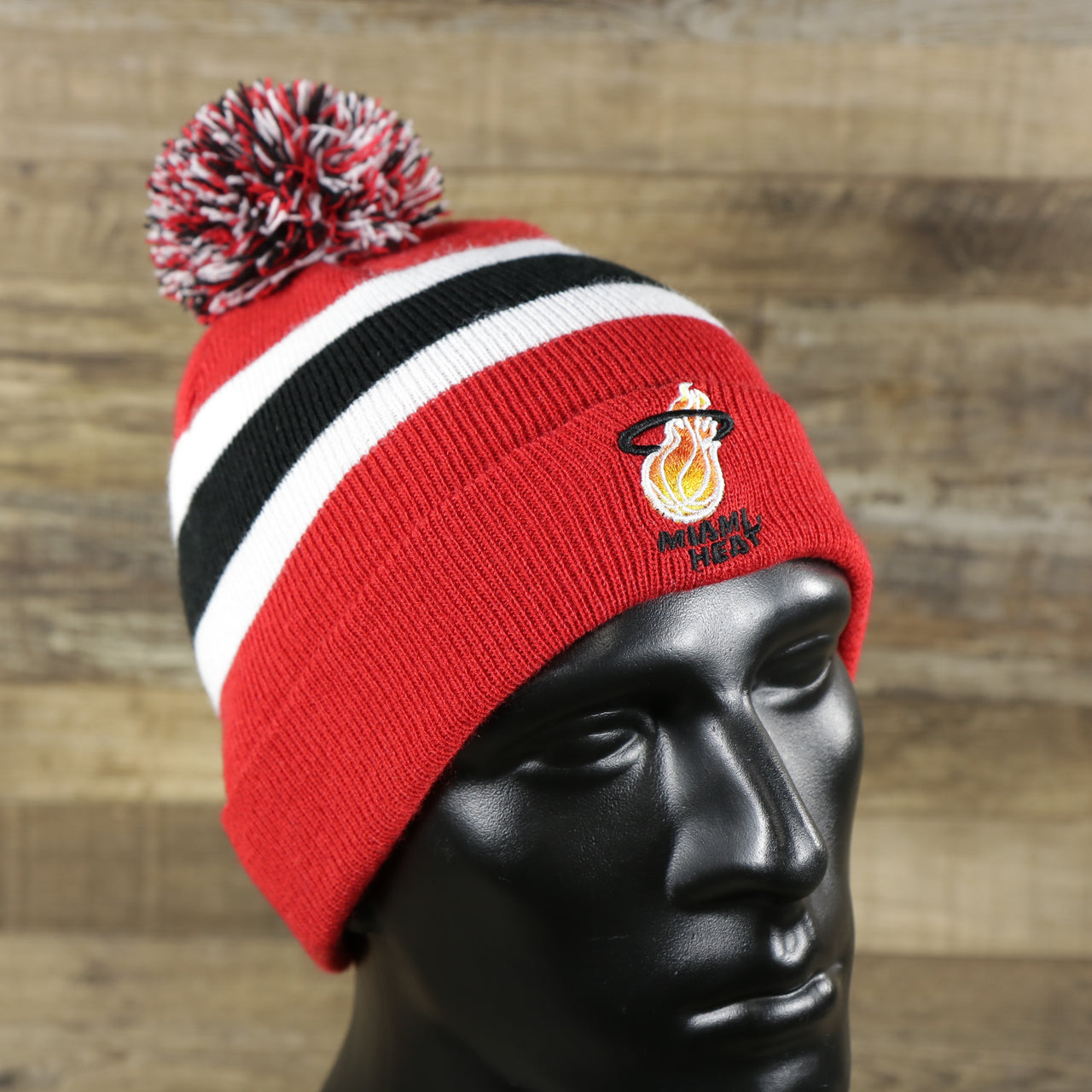 Retro Miami Heat Striped Winter Beanie With Pom Pom | Red Winter Beanie