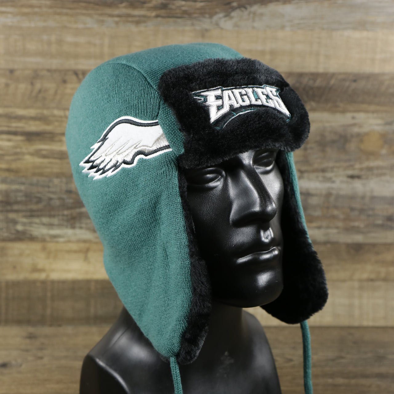 Philadelphia Eagles Wordmark Wing Logo Fleece Lined Trapper Hat | Midnight Green Ushanka Hat