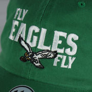 Close up of the Fly Eagles Fly slogan on the Philadelphia Eagles Throwback Logo "Fly Eagles Fly" Kelly Green Retro Clean Up Dad Hat