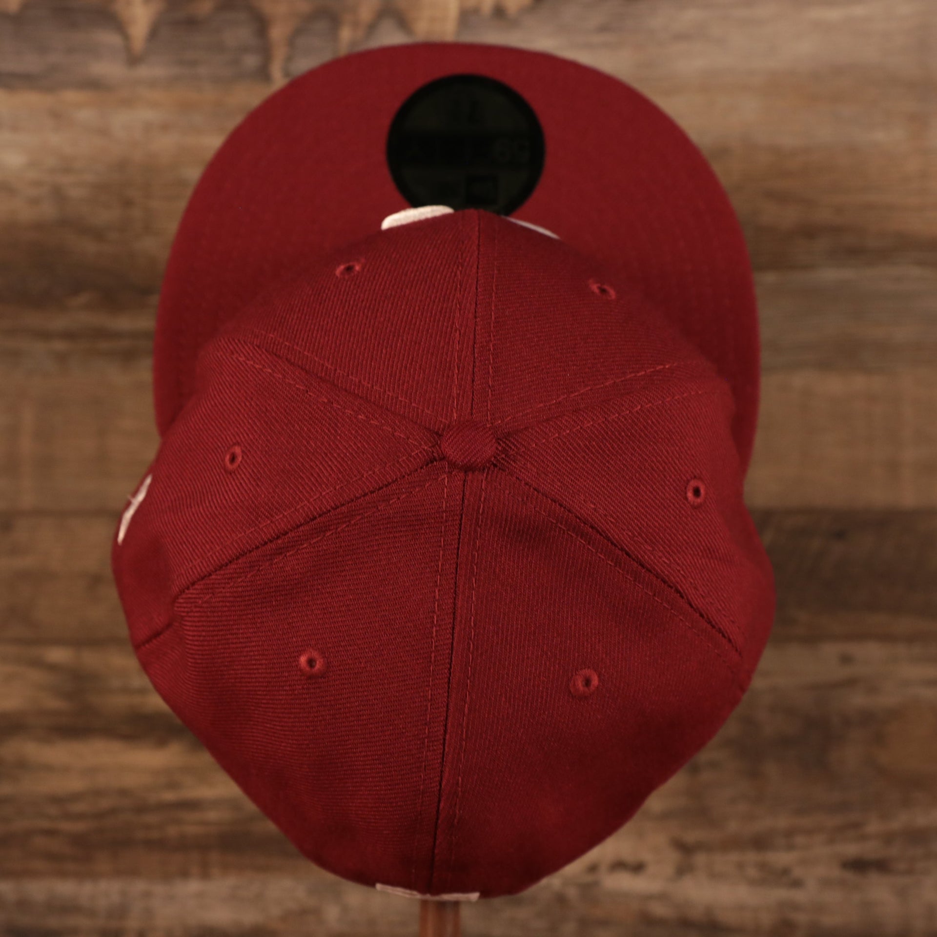 Top down view of the Philadelphia Phillies Cooperstown Upside Down Logo Gray Bottom 59Fifty Fitted Cap
