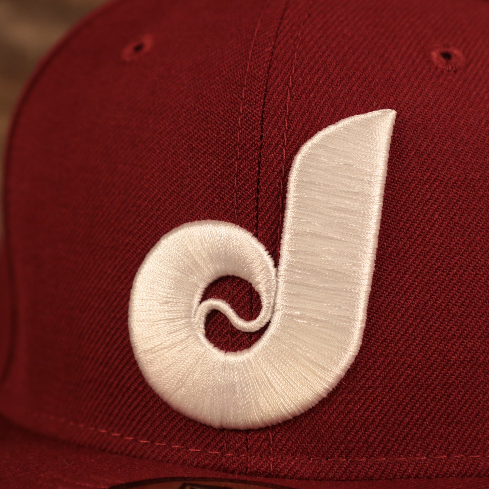 Close up of the upside down Cooperstown Phillies logo on the Philadelphia Phillies Cooperstown Upside Down Logo Gray Bottom 59Fifty Fitted Cap