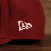 Close up of the New Era logo on the Philadelphia Phillies Cooperstown Upside Down Logo Gray Bottom 59Fifty Fitted Cap
