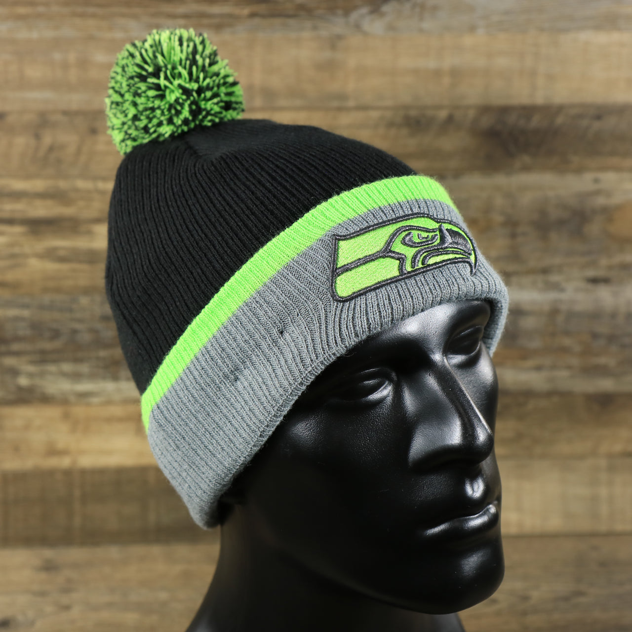 Seattle Seahawks Cuffed Logo Winter Knit Charcoal Beanie With Neon Green Pom Pom | Gray And Neon Green Winter Beanie