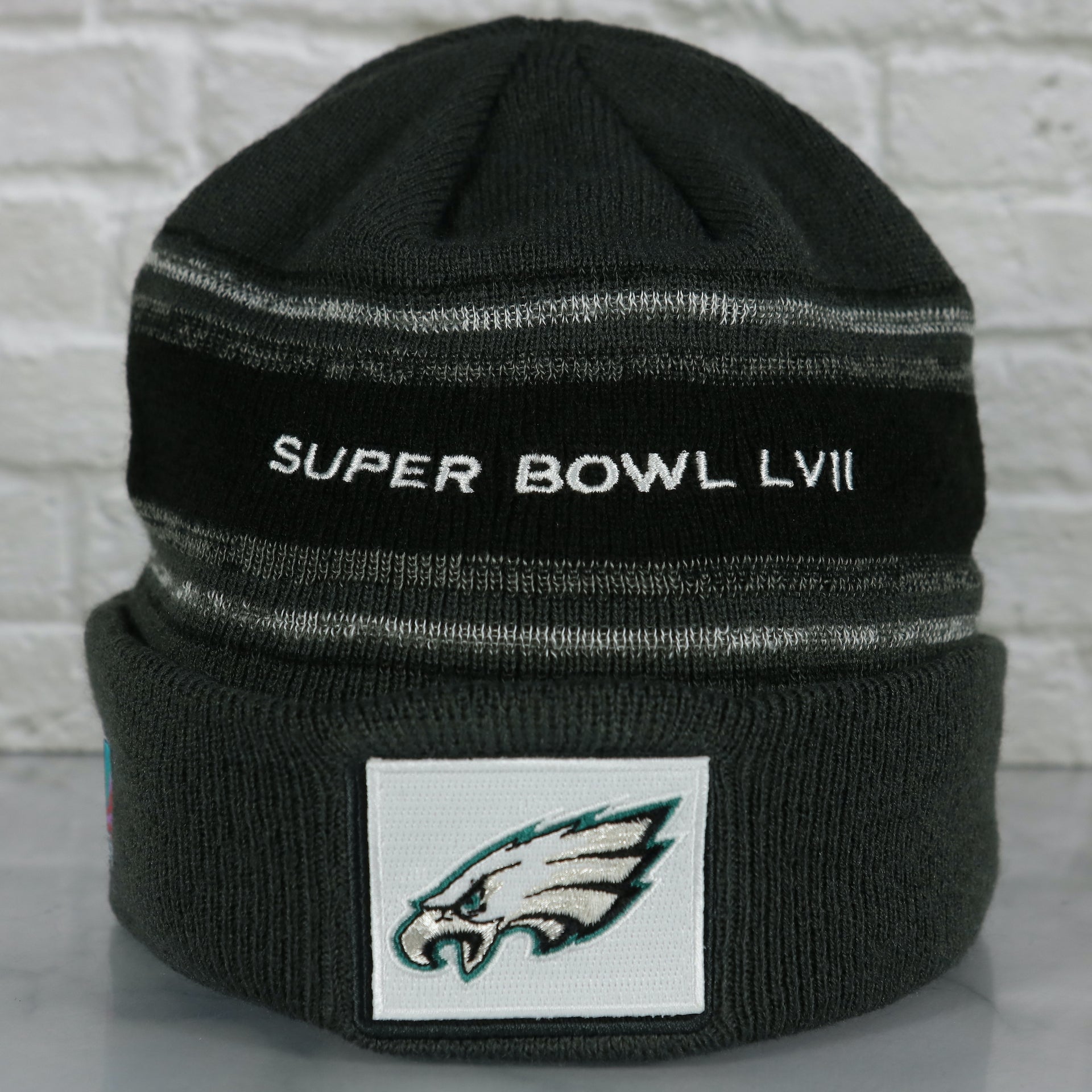 Front of the Philadelphia Eagles Super Bowl LVII (Super Bowl 57) Side Patch Charcoal Winter Beanie