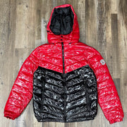 Glossy Metallic Shiny Men’s Puffer Jacket with Removable Hood | Red/Black