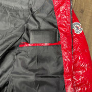 Zipper wallet pocket on the interior of the Glossy Metallic Shiny Men’s Puffer Jacket with Removable Hood | Red/Black