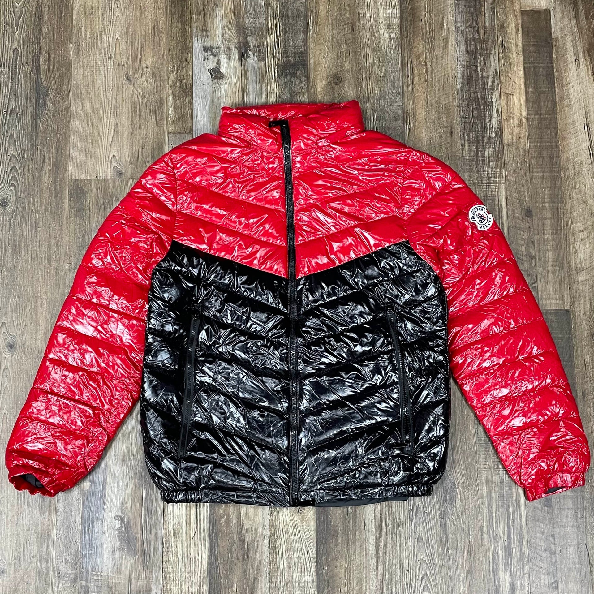 Glossy Metallic Shiny Men’s Puffer Jacket with Removable Hood | Red/Black without the hood