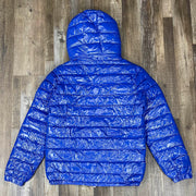 Back of Glossy Metallic Shiny Men’s Puffer Jacket with Removable Hood | Royal
