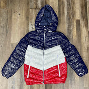 Glossy Metallic Shiny Men’s Puffer Jacket with Removable Hood | Navy/White/Red