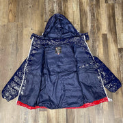 Interior of Glossy Metallic Shiny Men’s Puffer Jacket with Removable Hood | Navy/White/Red