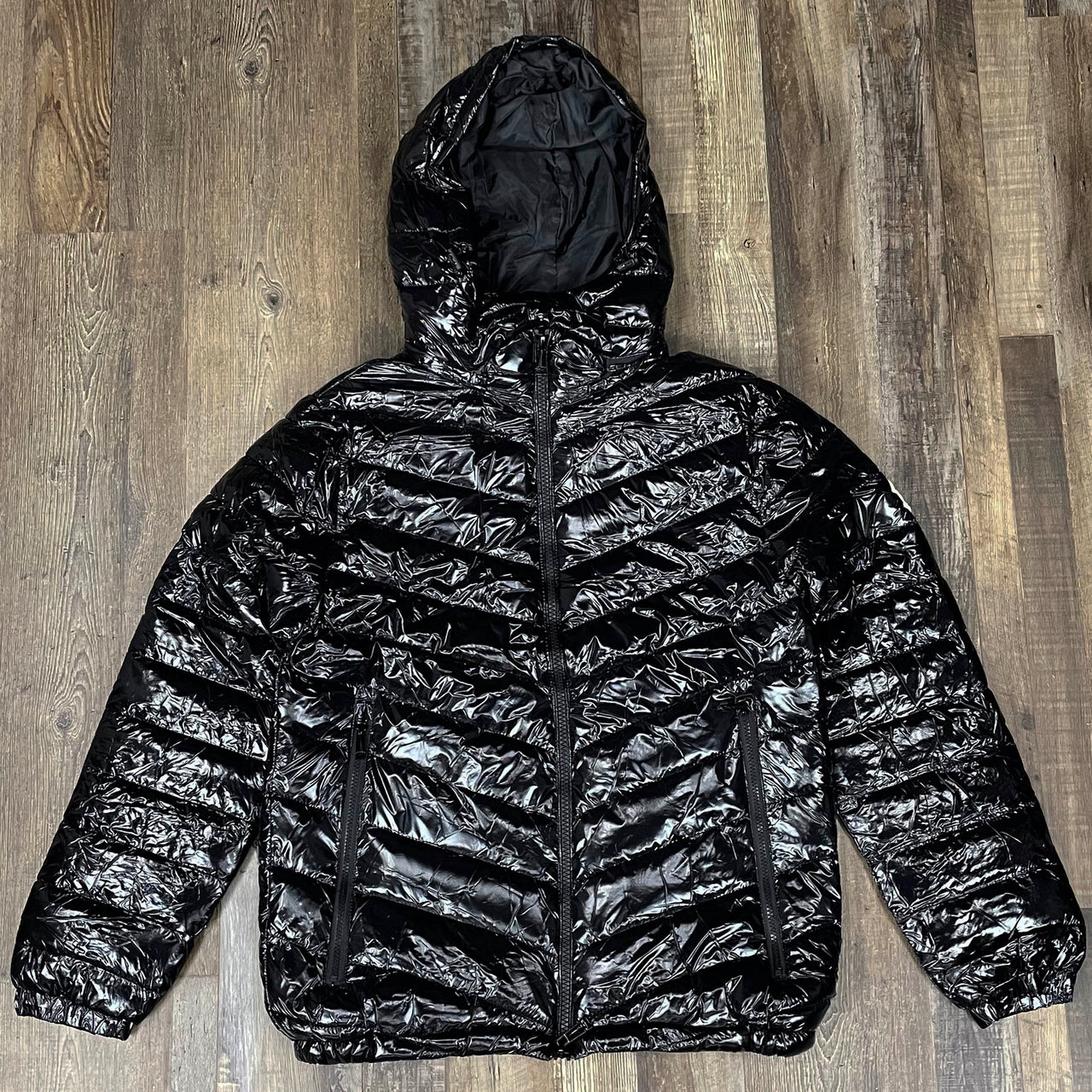 Glossy Metallic Shiny Men’s Puffer Jacket with Removable Hood | Black