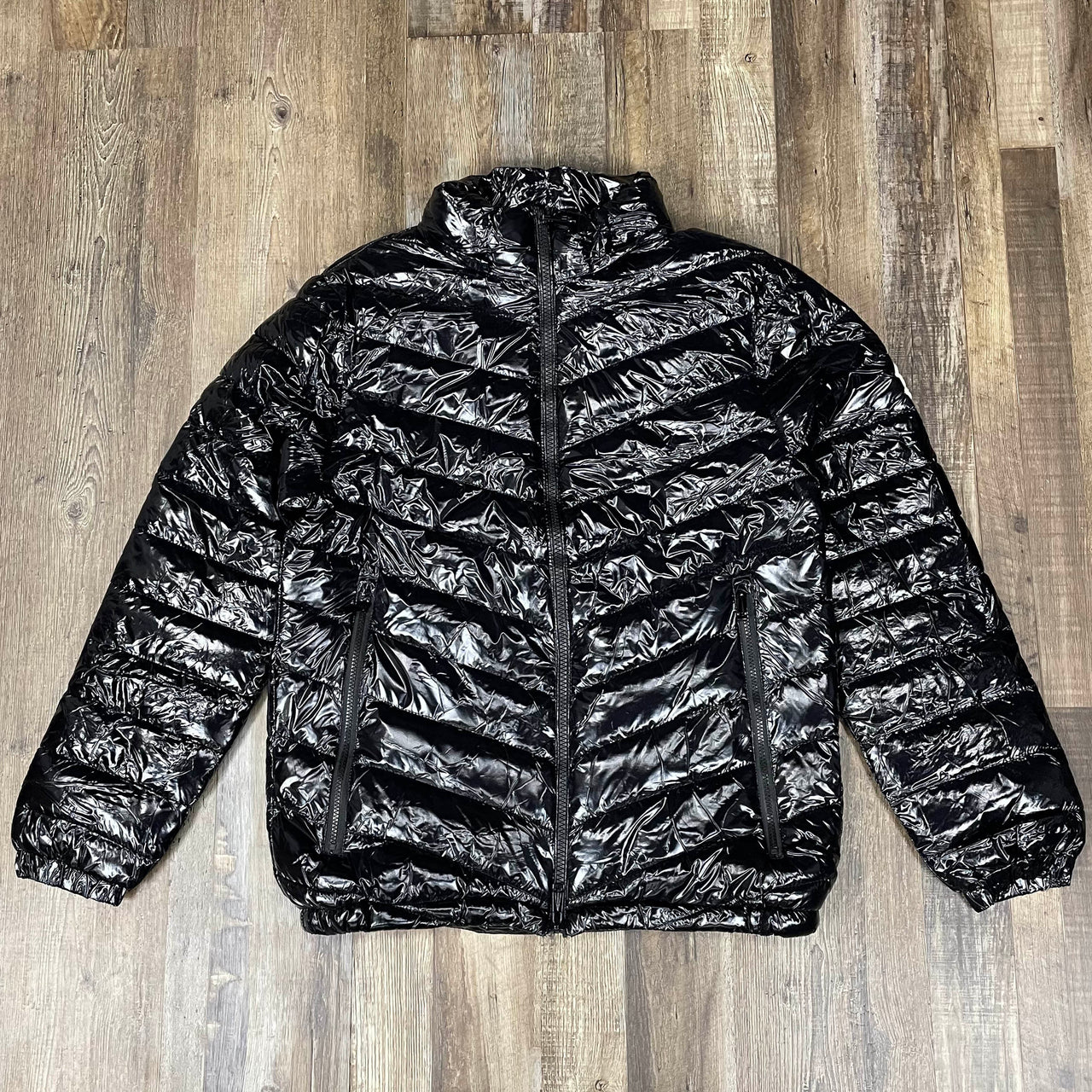 Glossy Metallic Shiny Men’s Puffer Jacket with Removable Hood | Black with hood removed