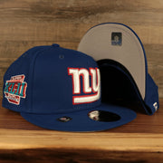 front and bottom of the New York Giants "Patch Up" Super Bowl XLII Side Patch Gray Bottom 59Fifty Royal Fitted Cap