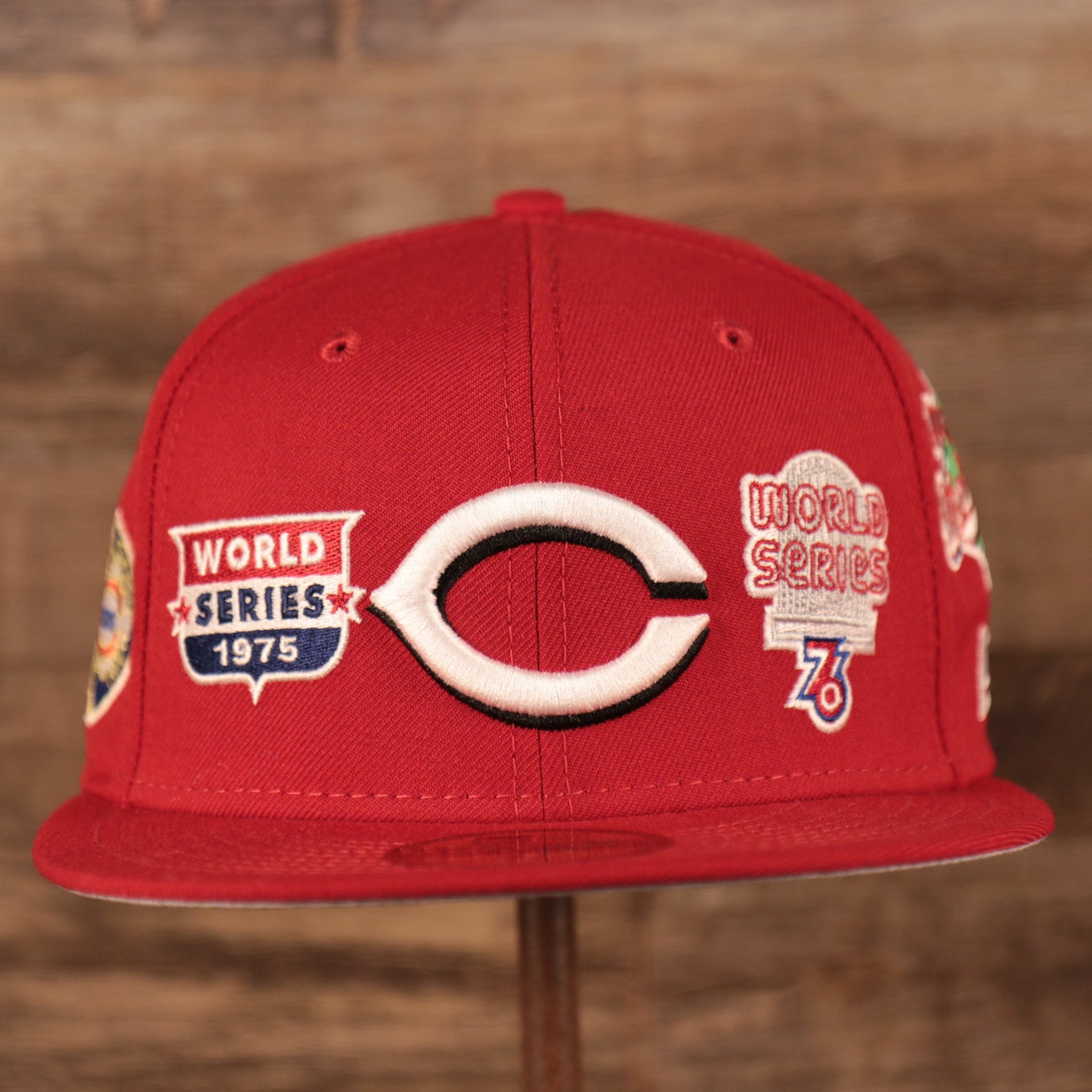 Cincinnati Reds All Over World Series Side Patch 5x Champ Gray Bottom 59Fifty Fitted Cap