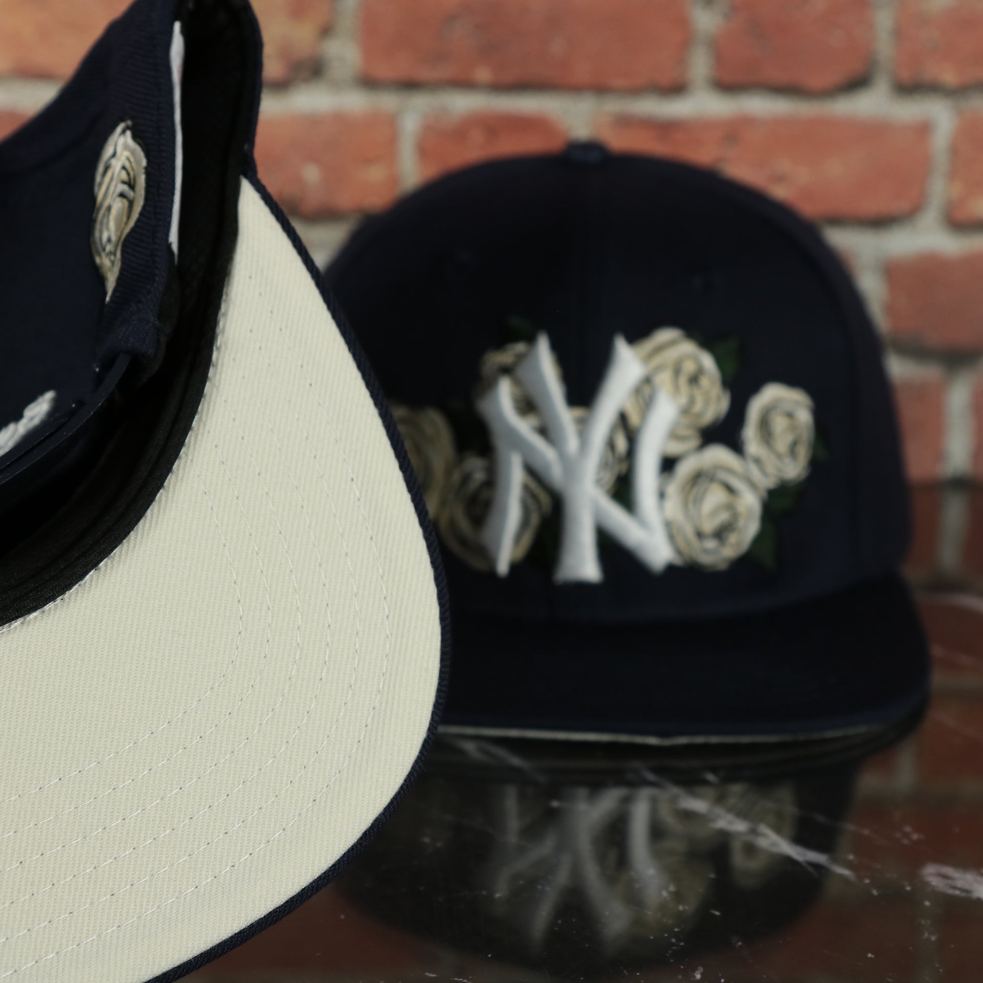 grey under visor on the New York Yankees All Over Roses Patch Grey Bottom | Midnight Navy Wool Snapback Hat
