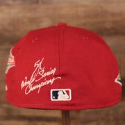 Back of the Cincinnati Reds All Over World Series Side Patch 5x Champ Gray Bottom 59Fifty Fitted Cap