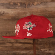 Wearer's left of the Cincinnati Reds All Over World Series Side Patch 5x Champ Gray Bottom 59Fifty Fitted Cap