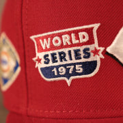 Close up of the 1975 World Series patch on the Cincinnati Reds All Over World Series Side Patch 5x Champ Gray Bottom 59Fifty Fitted Cap