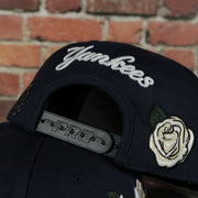 yankees script, navy adjustable snap on the New York Yankees All Over Roses Patch Grey Bottom | Midnight Navy Wool Snapback Hat