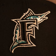 Close up of the Cooperstown Florida Marlins logo on the Florida Marlins Cooperstown "City Cluster" Side Patch Gray Bottom Black 59Fifty Fitted Cap