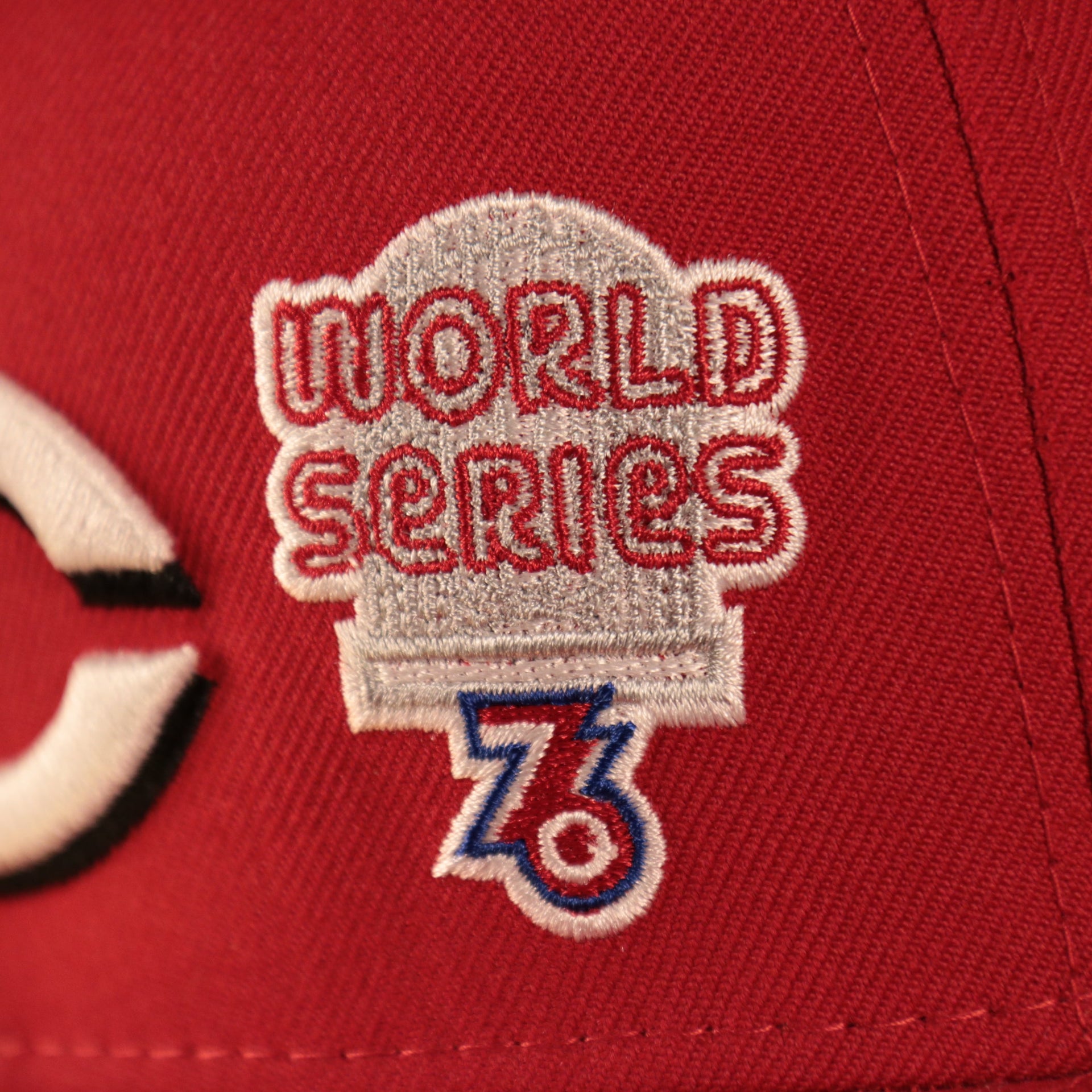 Close up of the 1976 World Series patch on the Cincinnati Reds All Over World Series Side Patch 5x Champ Gray Bottom 59Fifty Fitted Cap