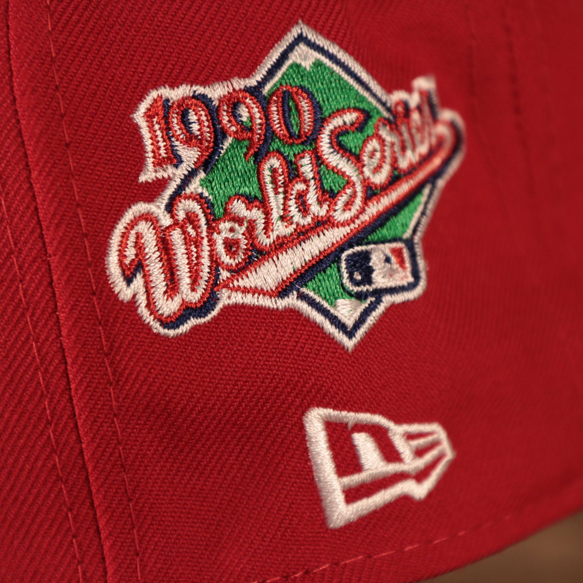 Close up of the 1990 World Series side patch on the Cincinnati Reds All Over World Series Side Patch 5x Champ Gray Bottom 59Fifty Fitted Cap