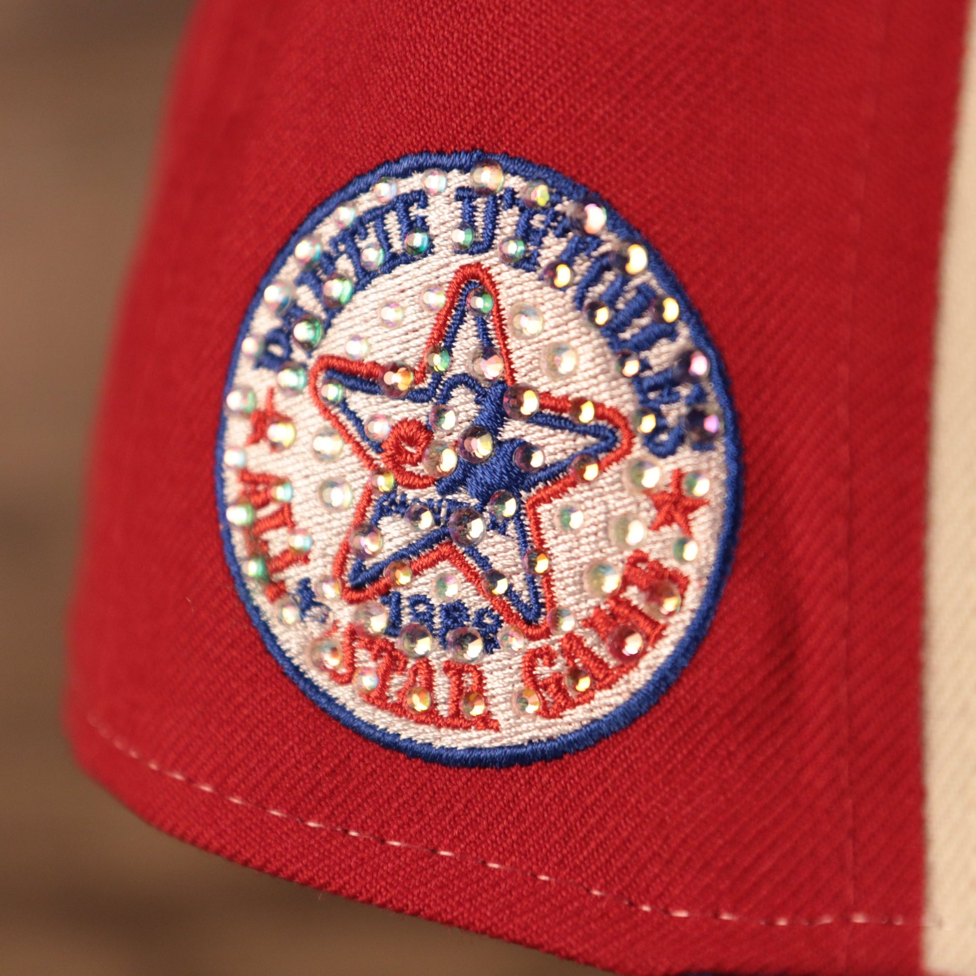 Close up of the crystal 1982 All Star Game side patch on the Montreal Expos 1982 All Star Game Partie D'etoiles Crystal Side Patch Icy Blue Bottom 59Fifty Fitted Cap