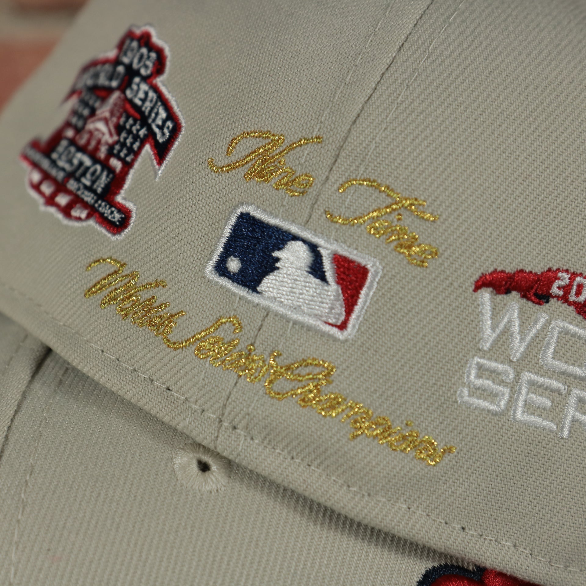 9 time world champion script on the Boston Red Sox World Class 9-Time World Series Champions Two Tone Grey Bottom | Sand/Navy 59Fifty Fitted Cap