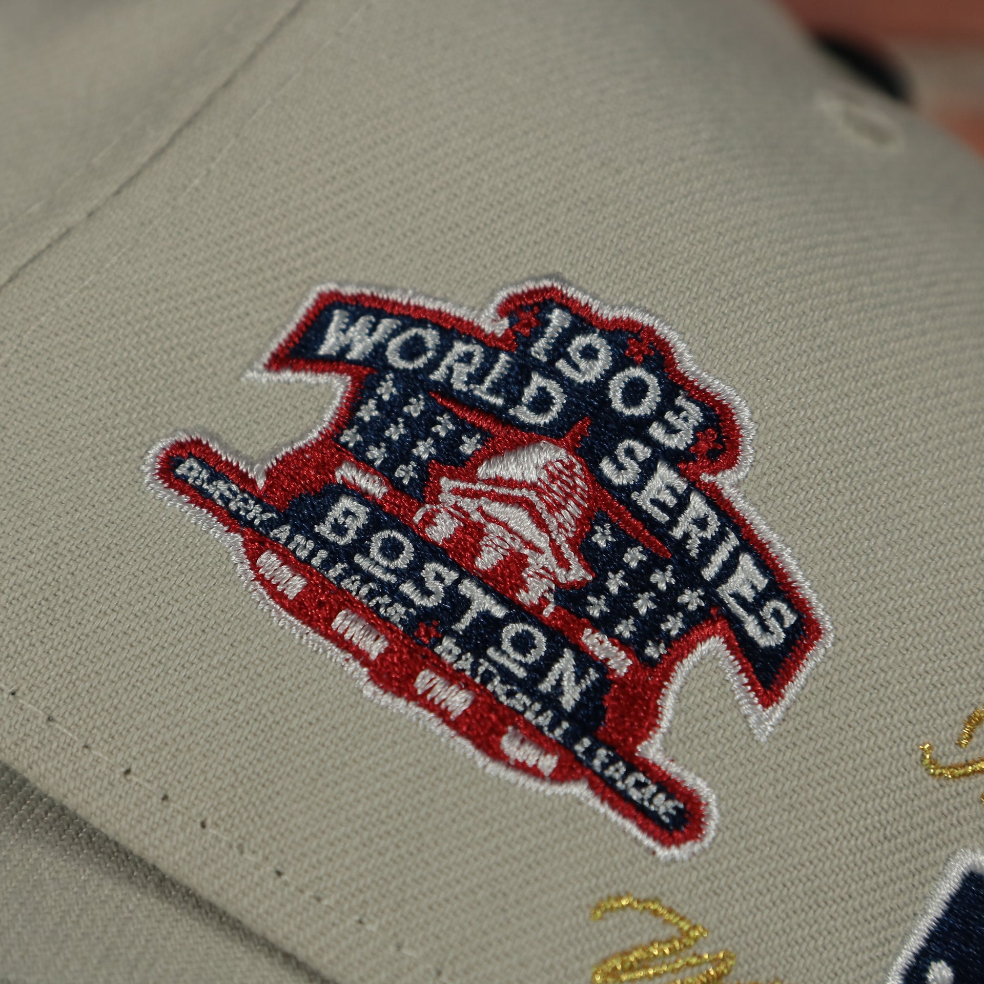 1903 world series patch on the Boston Red Sox World Class 9-Time World Series Champions Two Tone Grey Bottom | Sand/Navy 59Fifty Fitted Cap