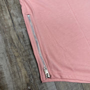 Close up of metallic zipper on the Scallop Hem Curved Bottom Long Fit Extended Men's Streetwear T-Shirt with Side Zippers | Pastel Pink