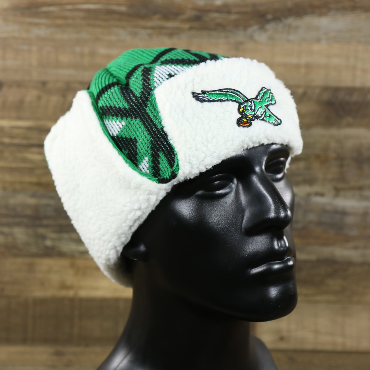 The Throwback Philadelphia Eagles Winter Print Trapper Hat | Kelly Green Trapper Hat with sides pinned