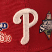 Close up of the Philadelphia Phillies logo on Philadelphia Phillies All Over World Series Side Patch 2x Champ Gray Bottom 59Fifty Fitted Cap