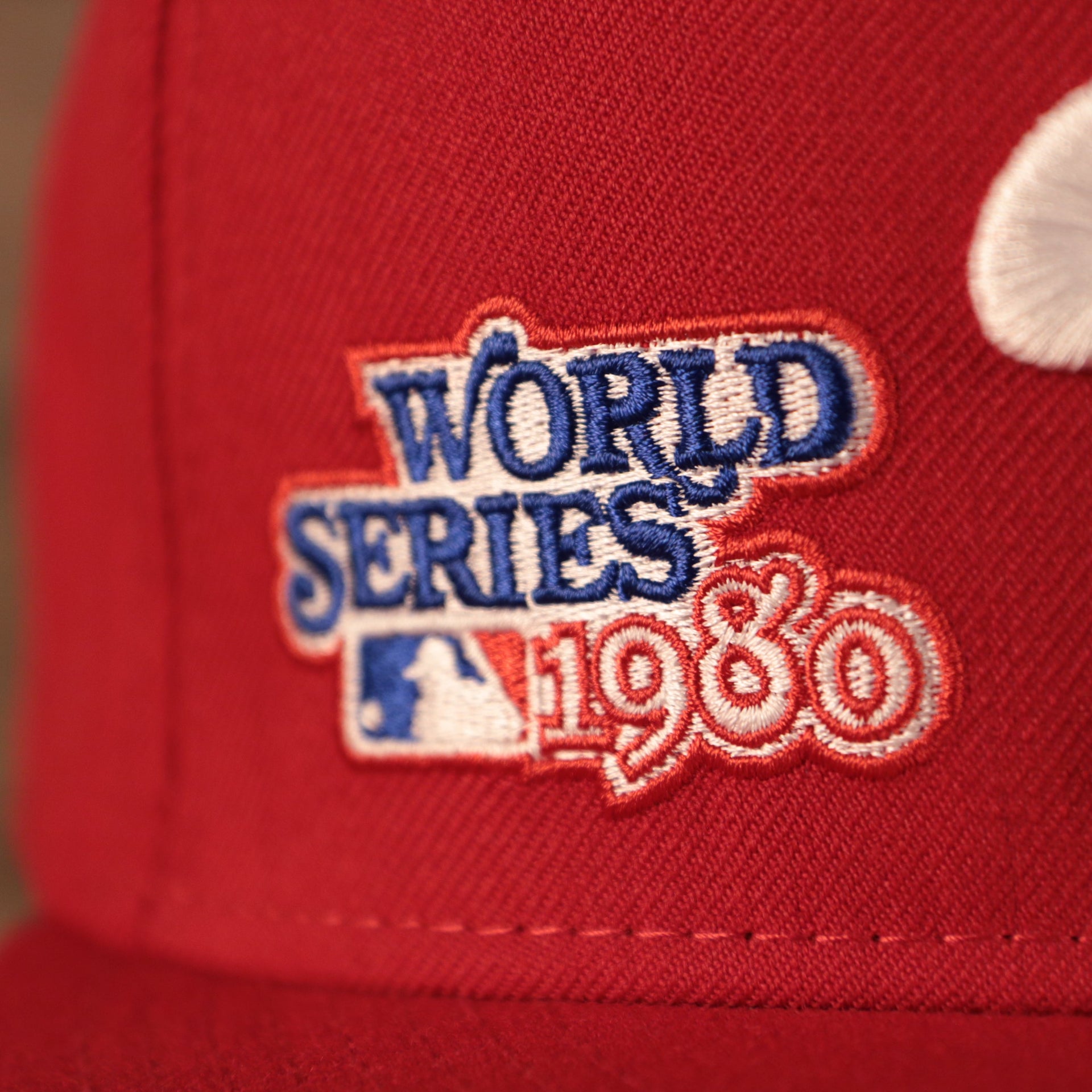 Close up of 1980 World Series patch on the Philadelphia Phillies All Over World Series Side Patch 2x Champ Gray Bottom 59Fifty Fitted Cap