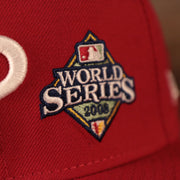 Close up of 2008 World Series patch of the Philadelphia Phillies All Over World Series Side Patch 2x Champ Gray Bottom 59Fifty Fitted Cap