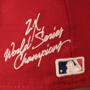 Close up of 2X World Series Champions of the Philadelphia Phillies All Over World Series Side Patch 2x Champ Gray Bottom 59Fifty Fitted Cap
