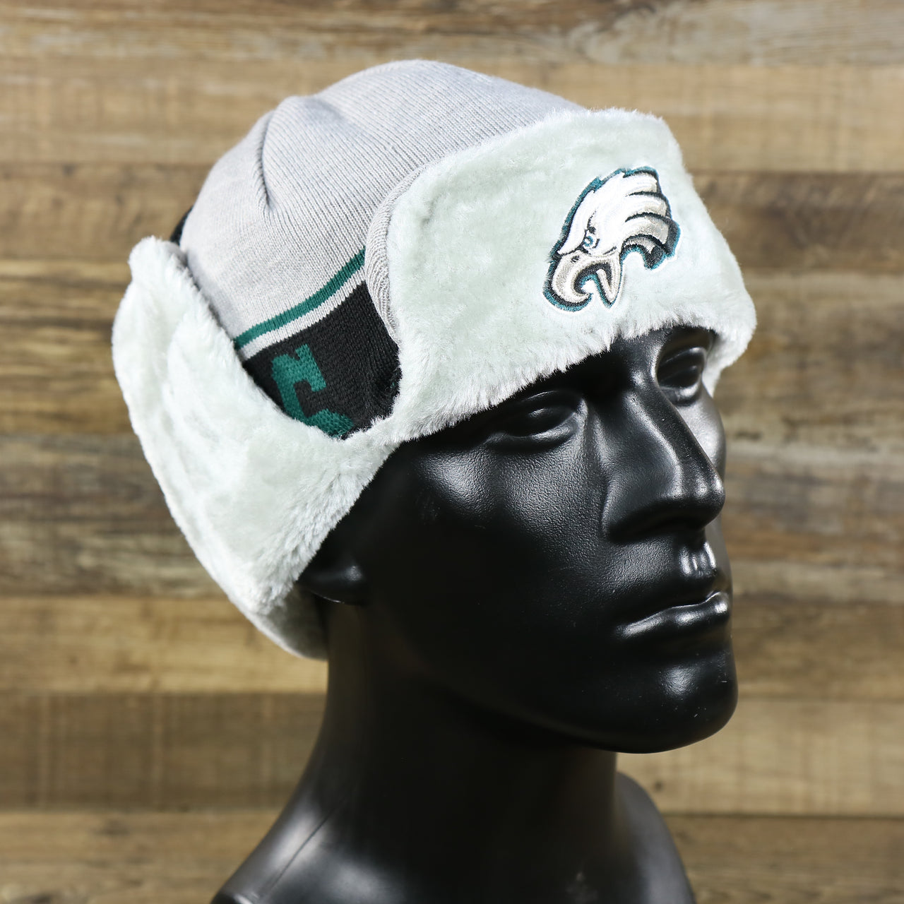 The Philadelphia Eagles Logo Wrapped Around Wordmark Trapper Hat | Gray Ushanka Hat with sides pinned up